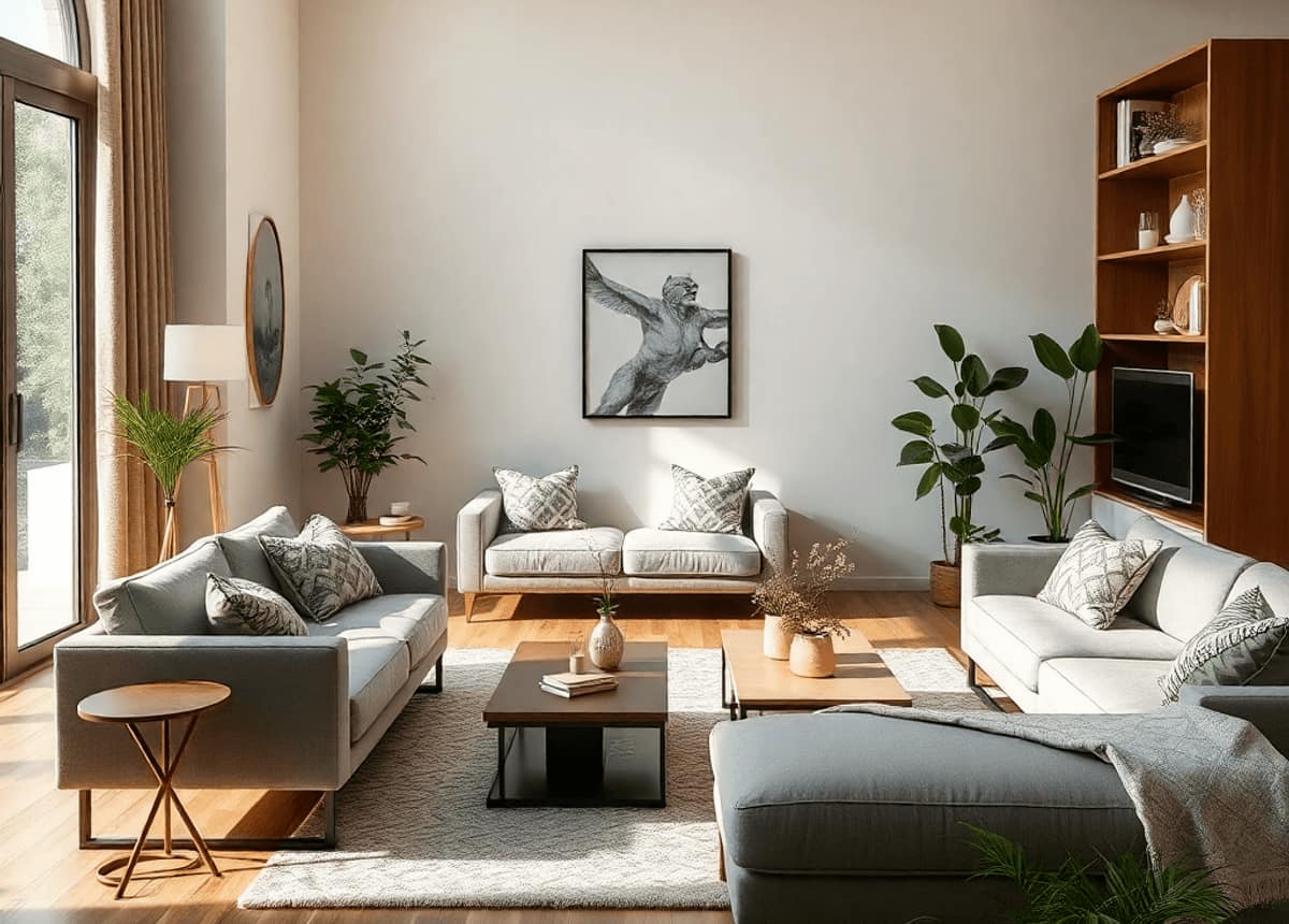 Casa elegantemente decorada con muebles modernos, ambiente luminoso y acogedor, plantas y accesorios que realzan su atractivo visual